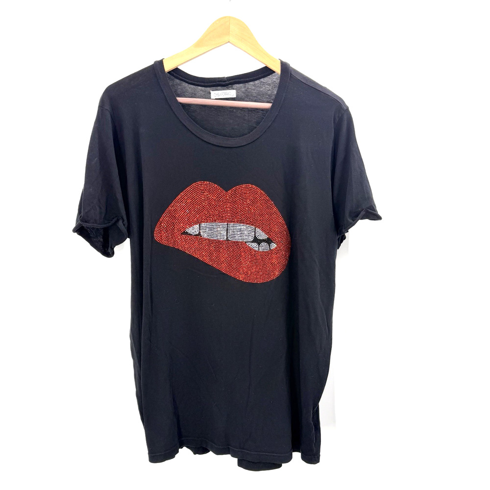 Lauren Moshi Edda Rhinestone Crystal Biting Lip Tee Black Y2K Grunge Womens XL